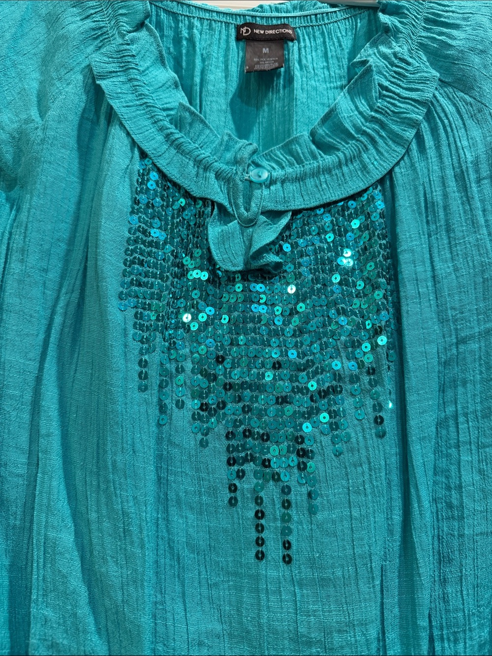 Teal Turquoise Sequin Ruffled Neck Summer Blouse Size Medium - Picture 2 of 3